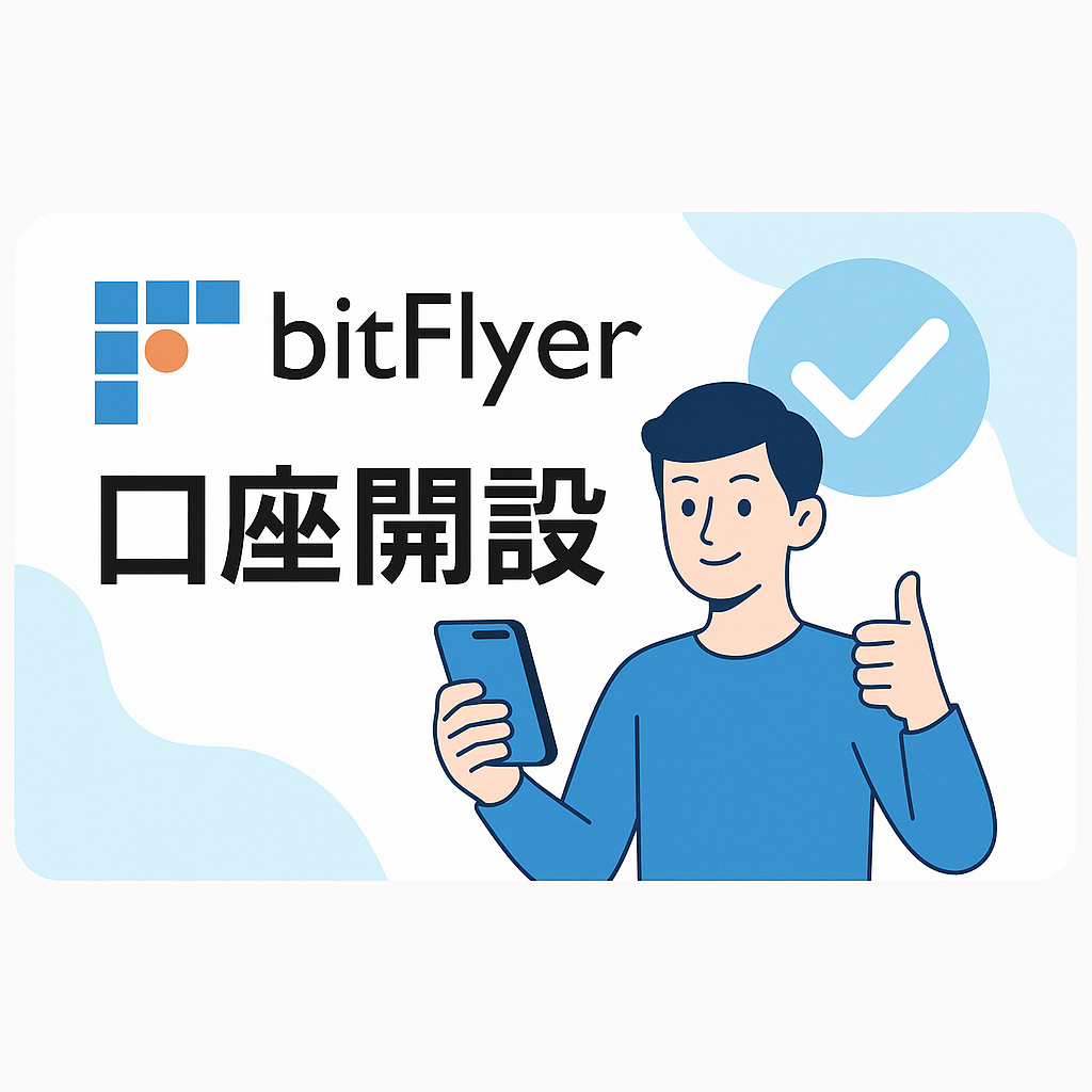 bitFlyerの口座開設を案内するデジタルグラフィック、青い背景にスマホを持った男性とチェックマークが描かれている